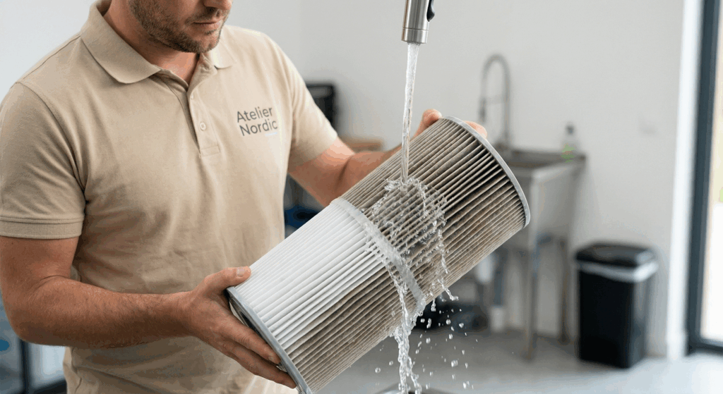 Vous corrigez l’eau sans arrêt ? Une eau bien équilibrée limite les dépôts et la formation de biofilm. Résultat : moins d’encrassement, une filtration plus fluide, et des échanges thermiques plus réguliers. Si vous devez surdoser ou corriger sans cesse, le problème vient souvent d’une routine trop irrégulière ou d’un renouvellement d’eau trop tardif. Rincez la cartouche filtrante et laissez-la sécher entre deux rotations si possible Nettoyez la ligne d’eau avant qu’un film gras ne s’installe Surveillez le débit de refoulement, signe direct d’un filtre qui se colmate Purger l’air du circuit après une vidange évite des cycles inefficaces Contrôlez l’état des joints de la couverture et des trappes techniques Chez l’Atelier Nordic, nos spas sont pensés pour durer, mais la durabilité passe aussi par une hydraulique propre et une filtration respectée. C’est l’une des bases d’une vraie stratégie d’économie d’énergie sur un spa. Vous voulez réduire votre consommation sans tâtonner ? Parlez-nous de votre configuration, de votre emplacement et de vos habitudes : c’est souvent là que se cachent les gains les plus simples à obtenir. une personne rince une cartouche de filtre de spa