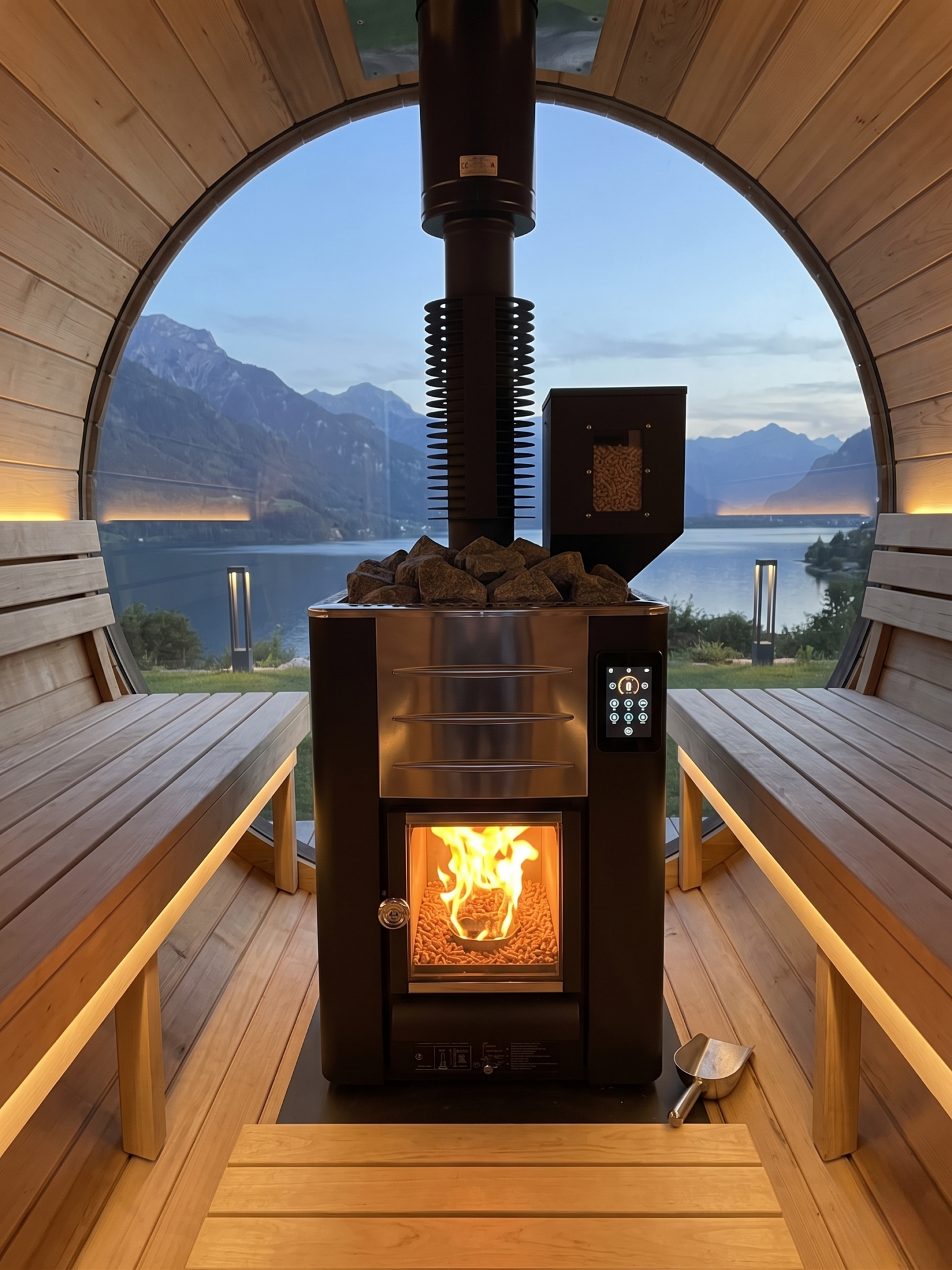 poele a pellets dans un sauna avec vue sur le lac