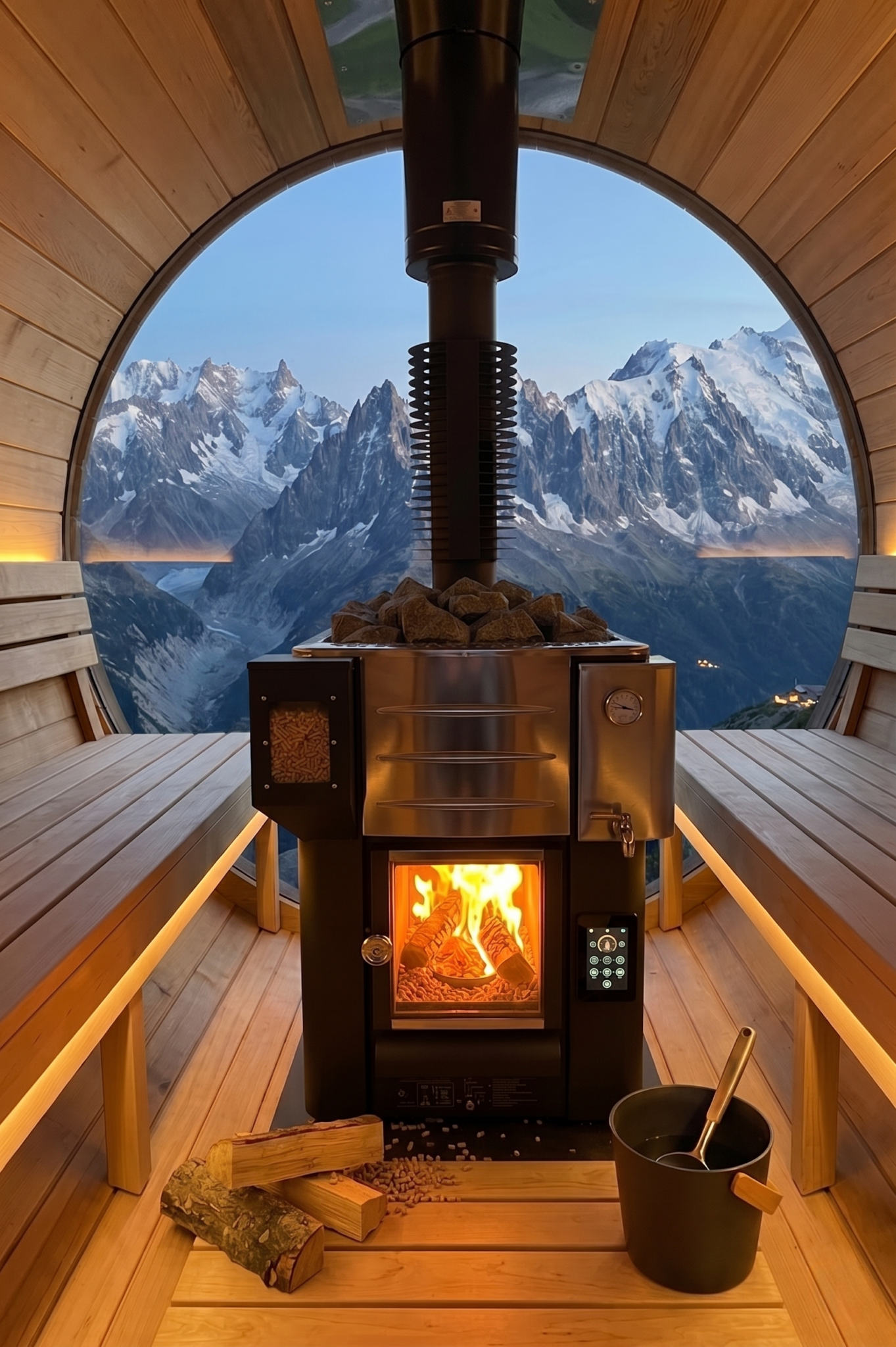 Poele Multicombustible avec vue sur les montagnes