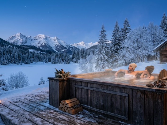 la chaleur du spa en bois fumant au crépuscule, entouré de neige et de forêt, créant l'atmosphère magique décrite dès l'introduction