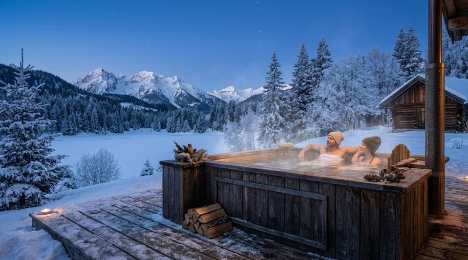 la chaleur du spa en bois fumant au crépuscule, entouré de neige et de forêt, créant l'atmosphère magique décrite dès l'introduction