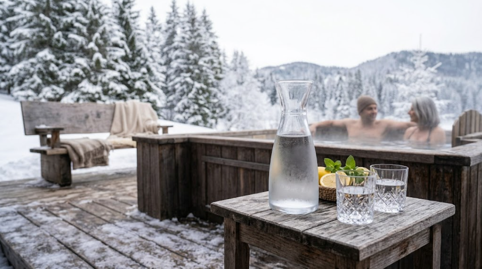 Une carafe d'eau fraîche et des verres sont posés sur le rebord en bois enneigé, avec le spa fumant en arrière-plan, renforçant le message que l'eau est la meilleure alliée Une carafe d'eau fraîche et des verres sont posés sur le rebord en bois enneigé, avec le spa fumant en arrière-plan, renforçant le message que l'eau est la meilleure alliée
