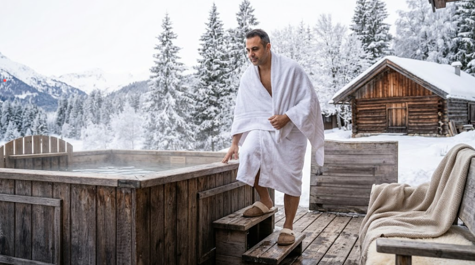 Un homme sort calmement du spa fumant, s'agrippant au rebord en bois pour plus de stabilité Un homme sort calmement du spa fumant, s'agrippant au rebord en bois pour plus de stabilité