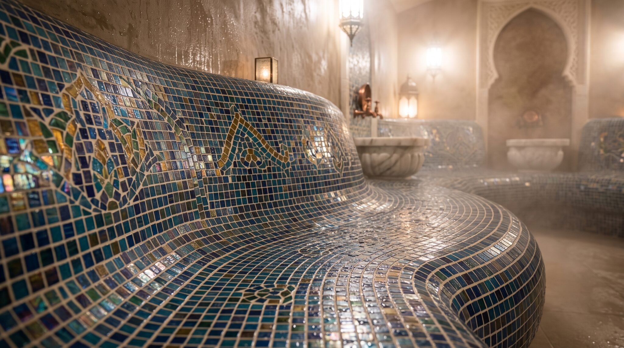 Banquette courbée de hammam recouverte de mosaïque en pâte de verre Banquette courbée de hammam recouverte de mosaïque en pâte de verre