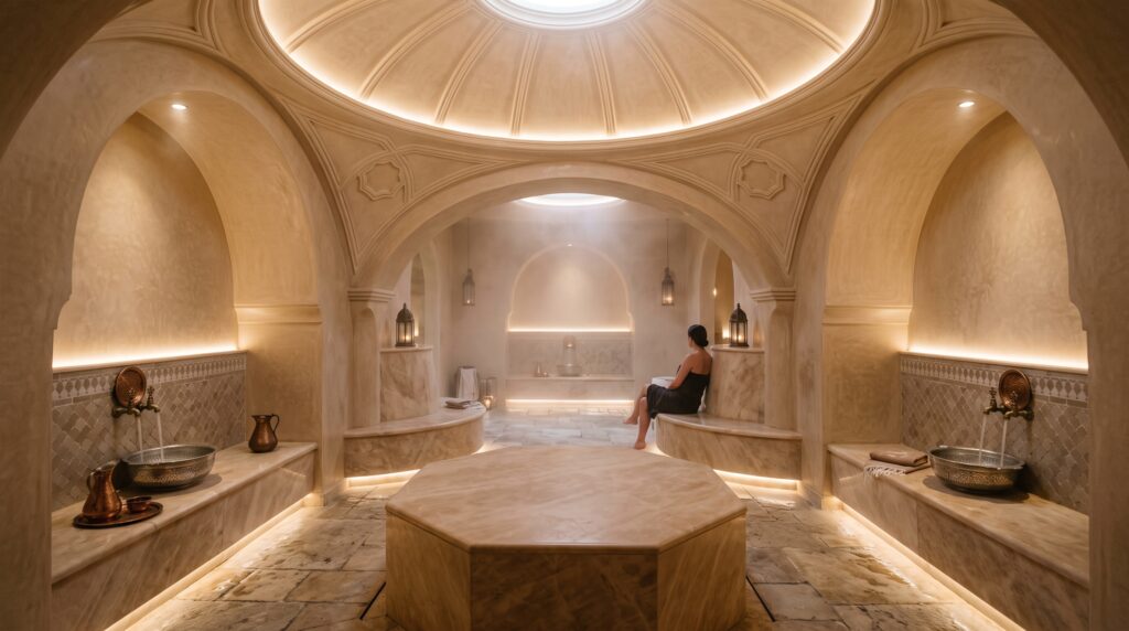 Hammam traditionnel avec revêtement en tadelakt sans joint et plafond voûté