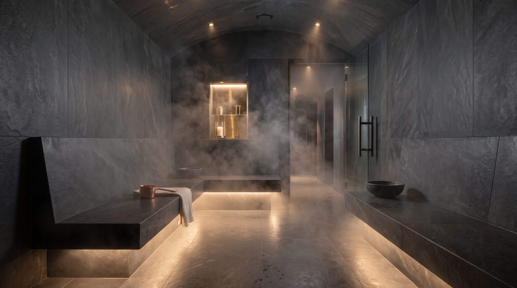 Revêtement en pierre naturelle pour hammam contemporain et espace wellness Revêtement en pierre naturelle pour hammam contemporain et espace wellness