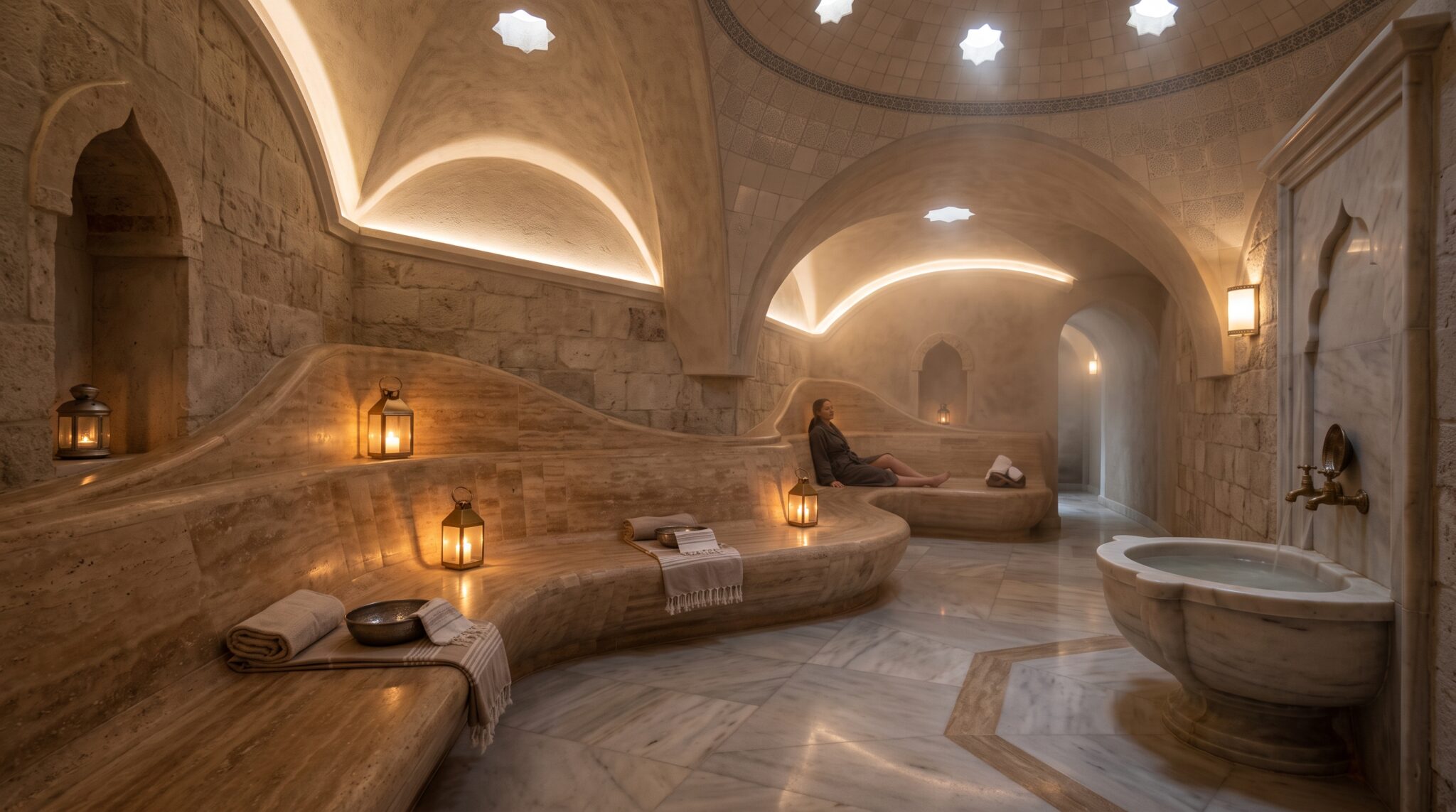 Banquette ergonomique galbée et plafond voûté dans un espace hammam sur mesure Banquette ergonomique galbée et plafond voûté dans un espace hammam sur mesure
