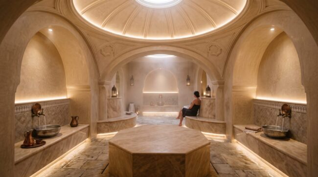 Hammam traditionnel avec revêtement en tadelakt sans joint et plafond voûté Hammam traditionnel avec revêtement en tadelakt sans joint et plafond voûté