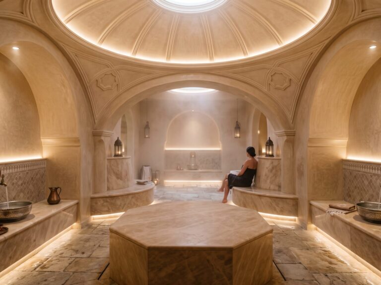 Hammam traditionnel avec revêtement en tadelakt sans joint et plafond voûté