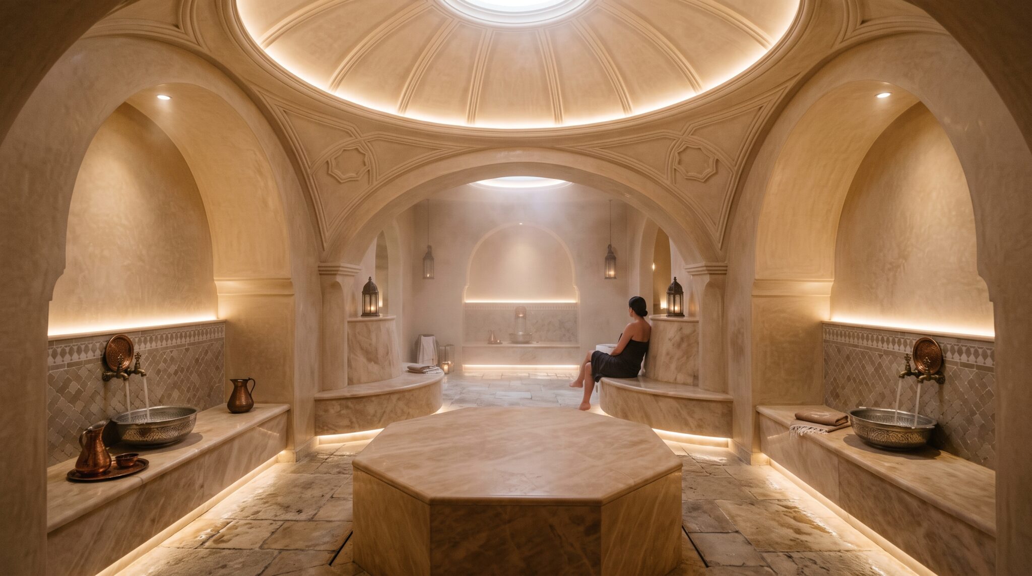 Hammam traditionnel avec revêtement en tadelakt sans joint et plafond voûté Hammam traditionnel avec revêtement en tadelakt sans joint et plafond voûté